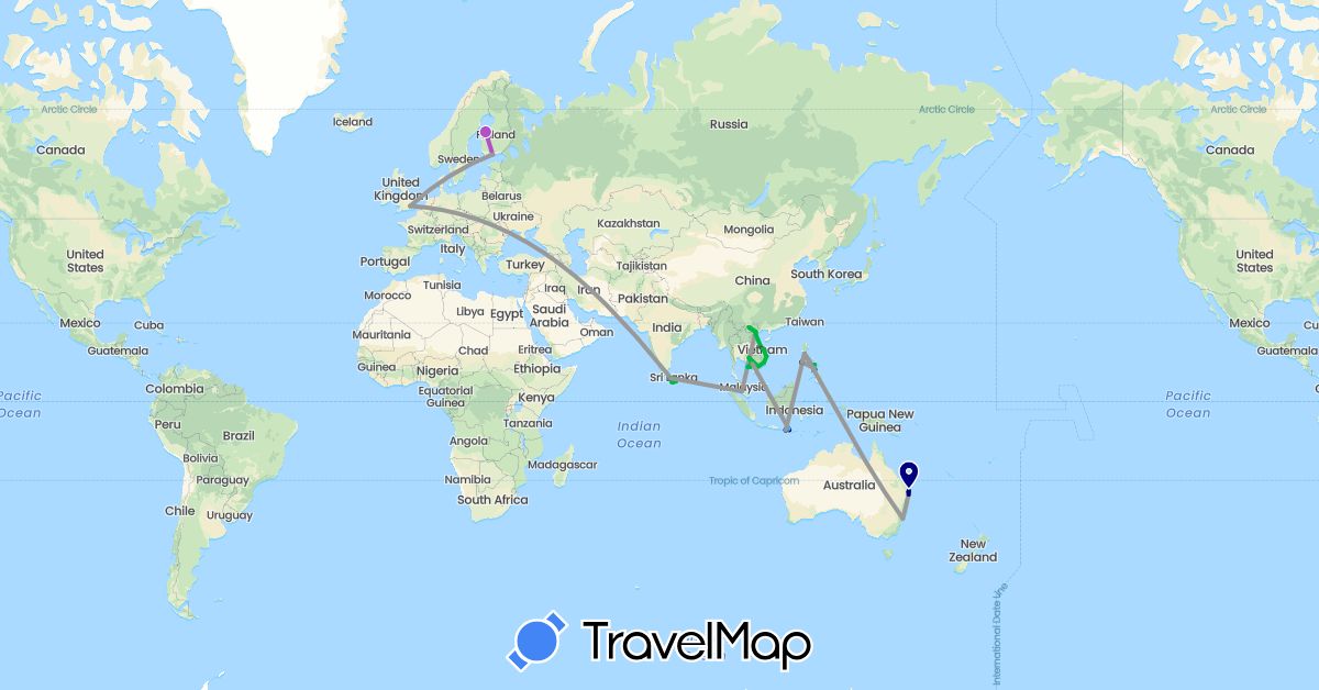 TravelMap itinerary: driving, bus, plane, train, boat, motorbike in Australia, Finland, United Kingdom, Indonesia, Cambodia, Sri Lanka, Malaysia, Philippines, Vietnam (Asia, Europe, Oceania)